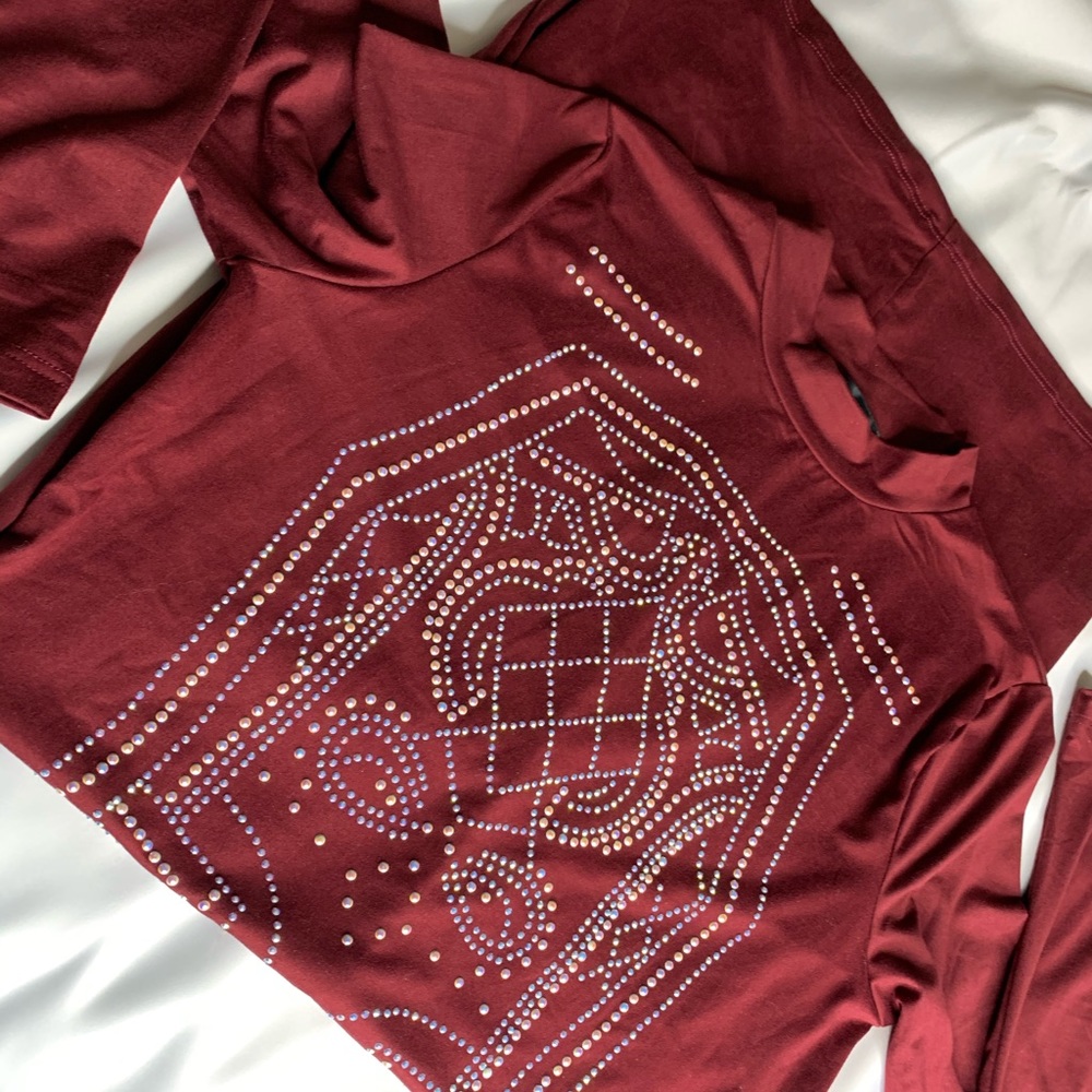 Burgundy Rhinestone Studded Mock Neck Dress. - Picture 6 of 7
